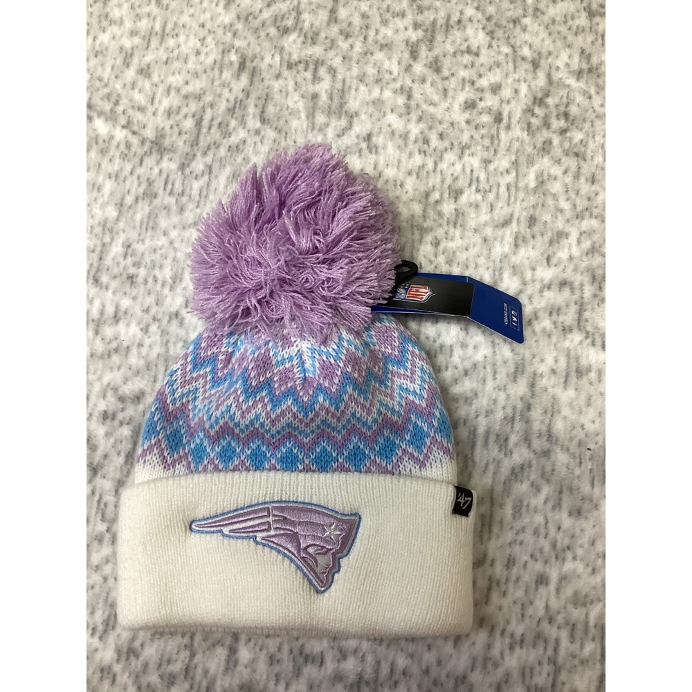 New England Patriots 47 Brand Kids Elsa Cuff Knit Beanie Hat White Purple NFL